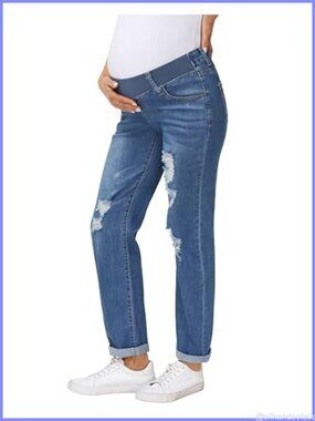 Maternity Ripped Boyfriend Jeans Low Rise Tapered Pull On Denim Pants